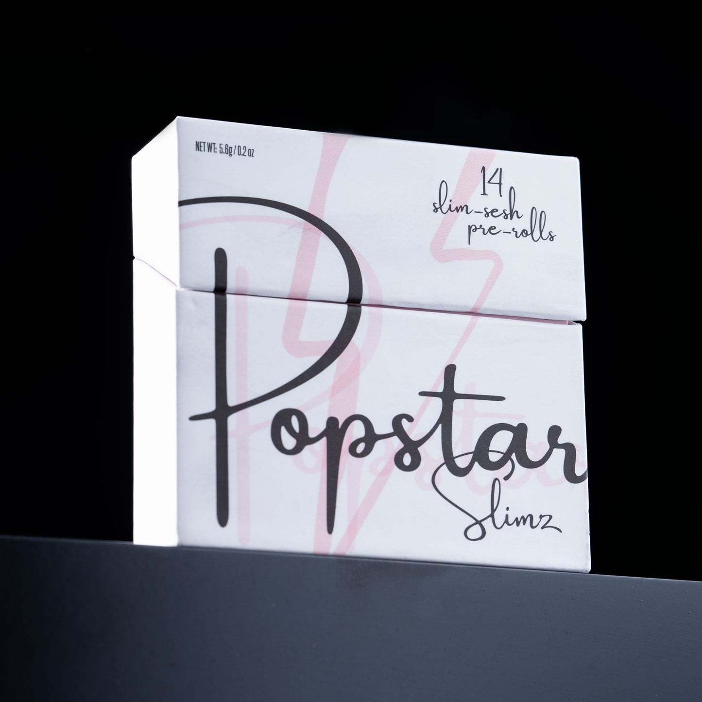Popstar Slimz pre-rolls box displayed on black background, showcasing its modern design and health-conscious cannabis branding.