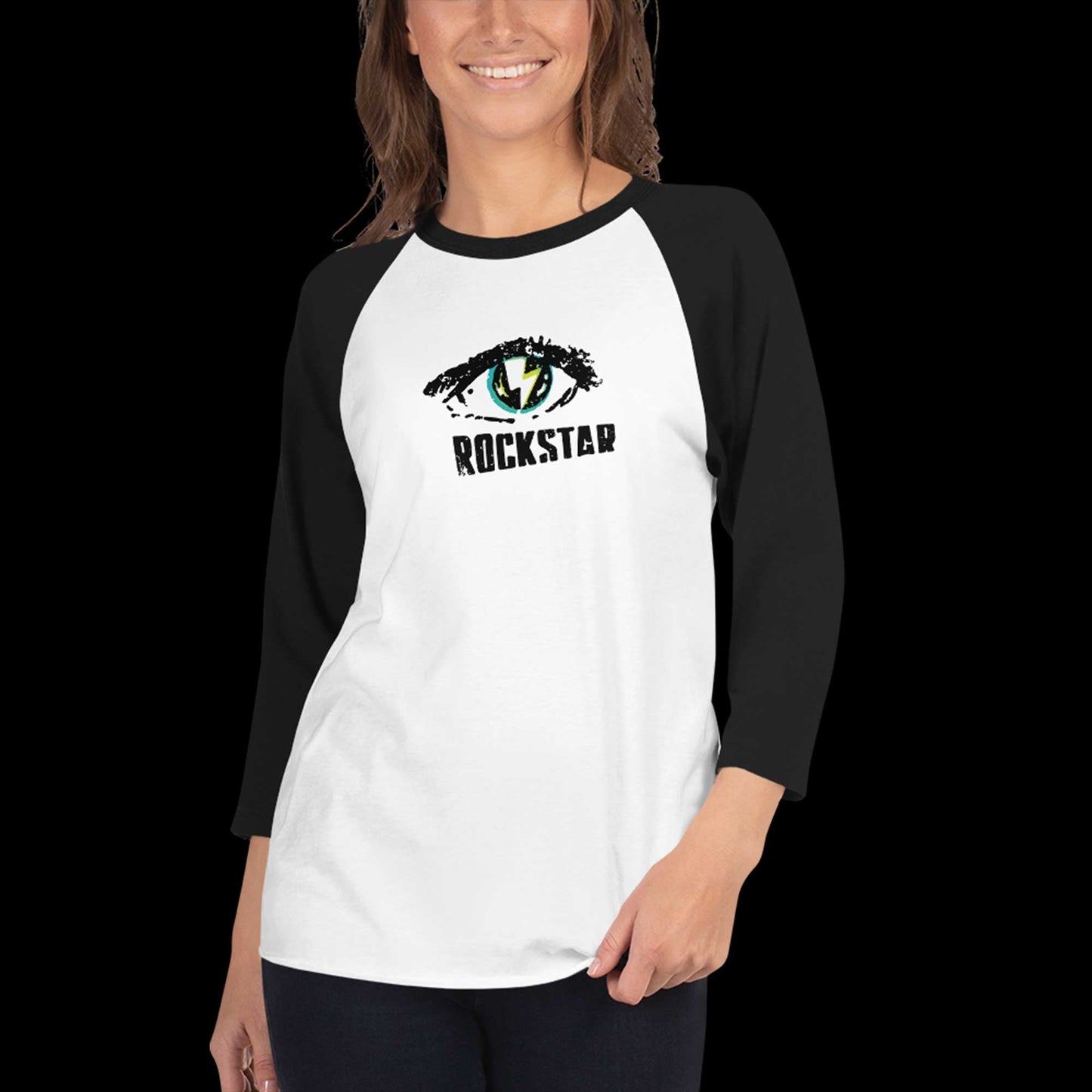 Woman modeling Rockstar Baseball Tee with edgy eye logo and black raglan sleeves, a stylish choice for fans of rock-inspired fashion.