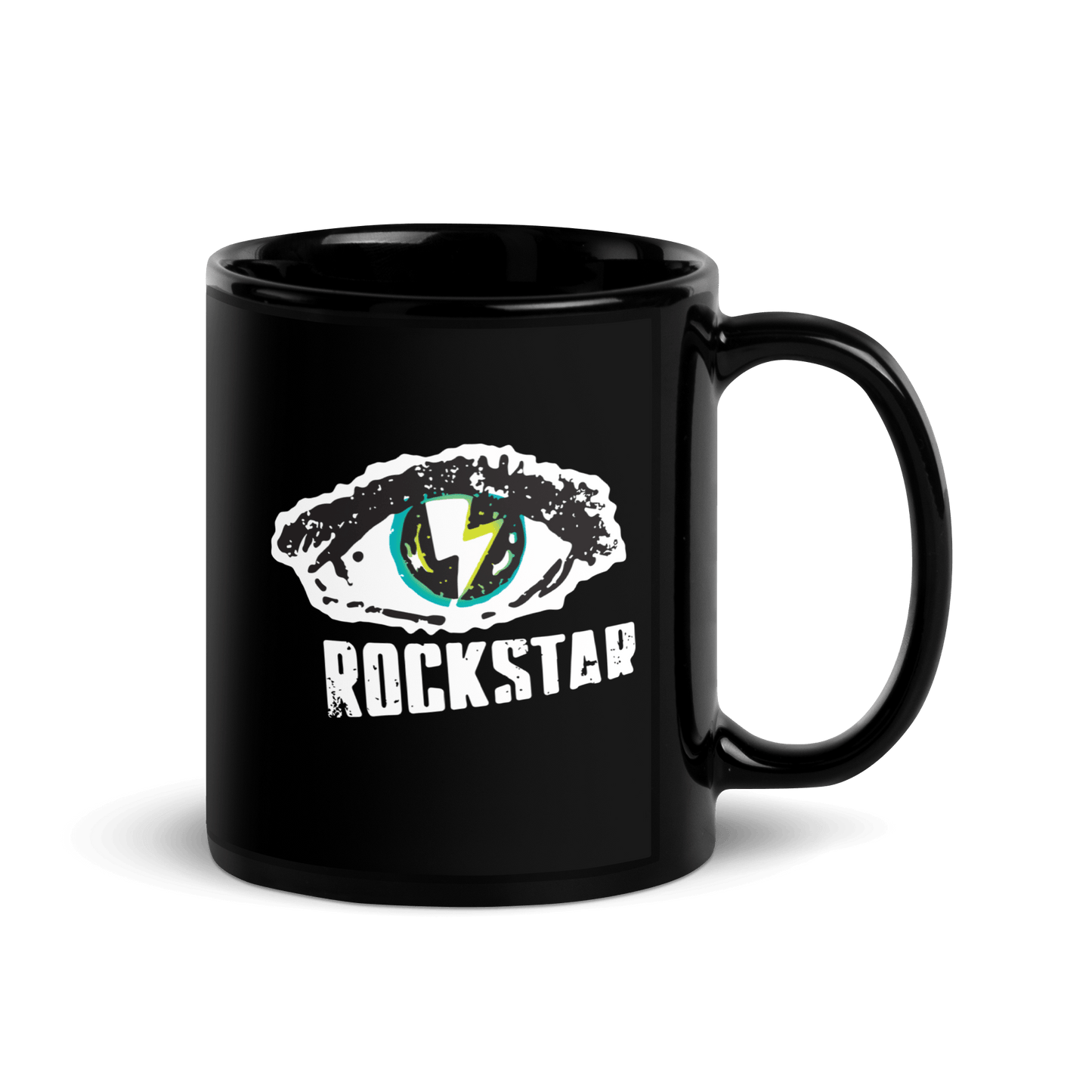 Rockstar Black Glossy Mug with bold eye and lightning bolt logo, perfect for coffee lovers seeking edgy drinkware style.