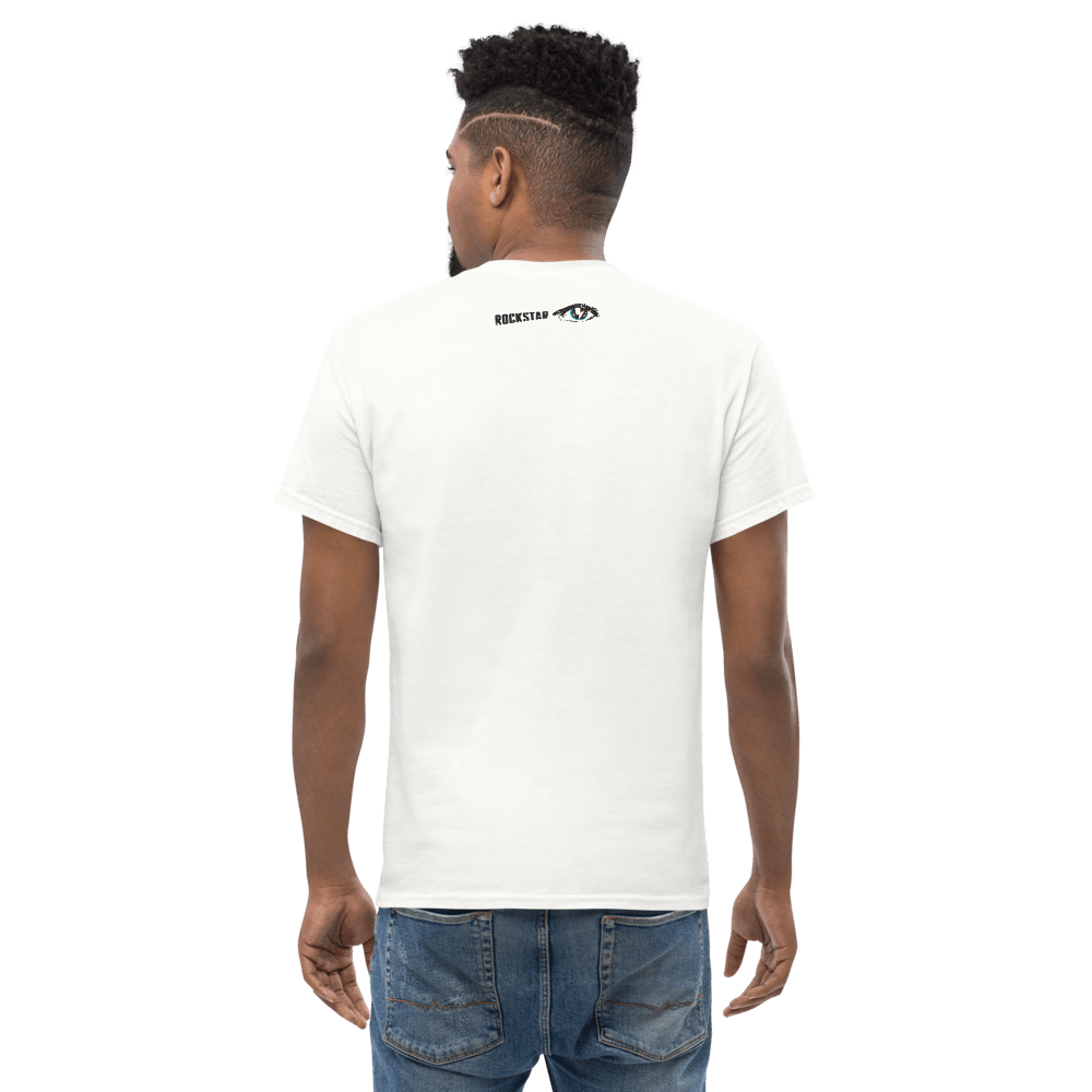 Model showing back of Rockstar Skull Shirt with minimalist eye logo and 'Rockstar' text. Casual fit for everyday wear.