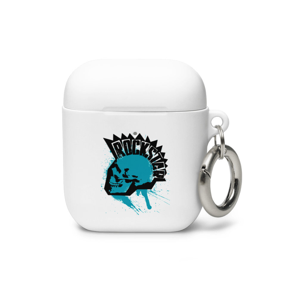 Rockstar AirPods® Case in white with edgy blue skull artwork and metal carabiner, designed for rugged TPU protection and easy portability.