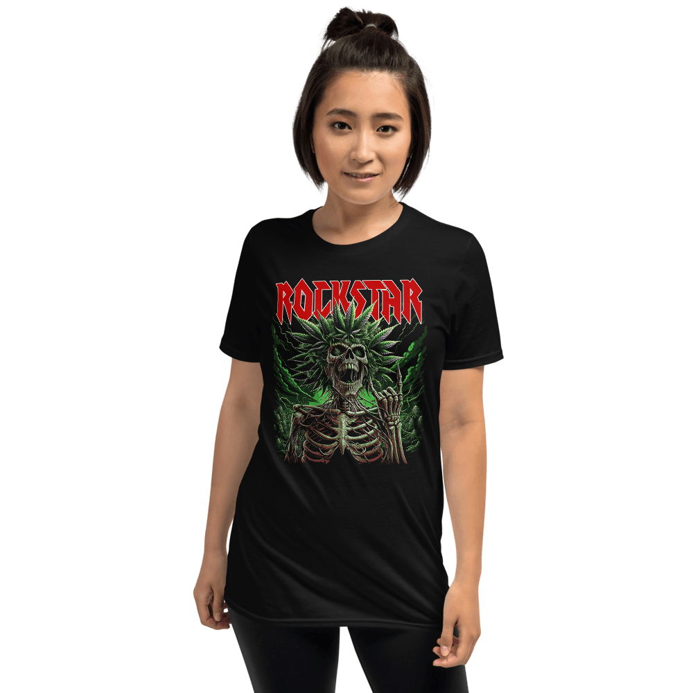 Rocky the Rockstar T-Shirt styled on female model, showcasing edgy 80s metal artwork and relaxed fit. Durable and soft cotton apparel.