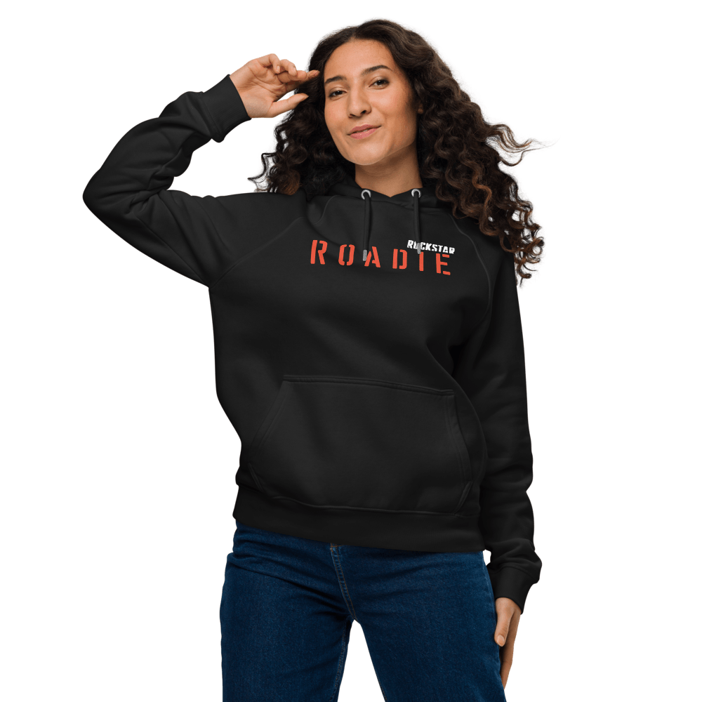 Female model posing in Roadie Unisex Hoodie with bold red ROADIE text on front. Cozy and stylish hoodie for music lovers and trendsetters.