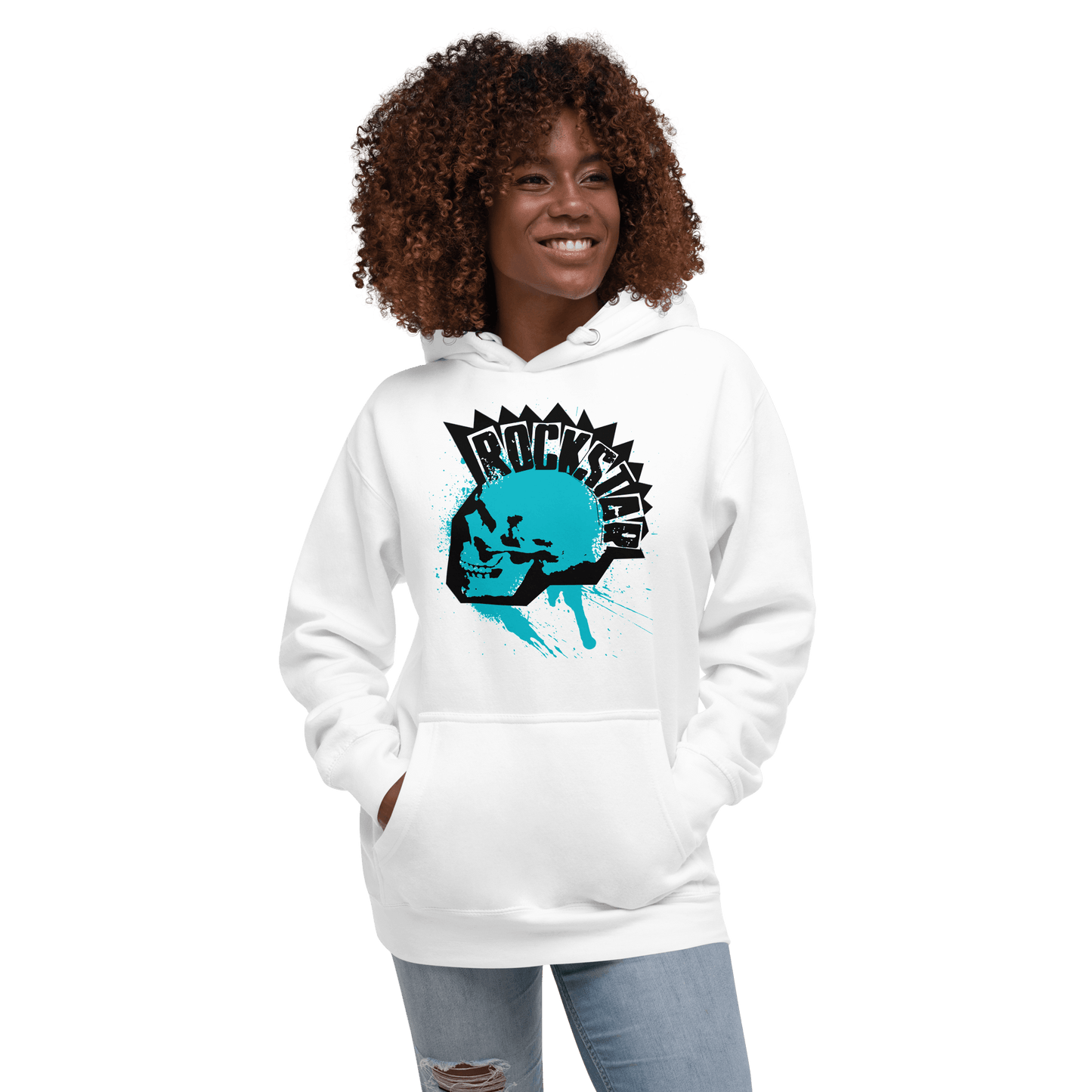 Woman modeling Rockstar Skull Unisex Hoodie with turquoise skull design, showcasing bold rebel spirit in trendy streetwear clothing category.